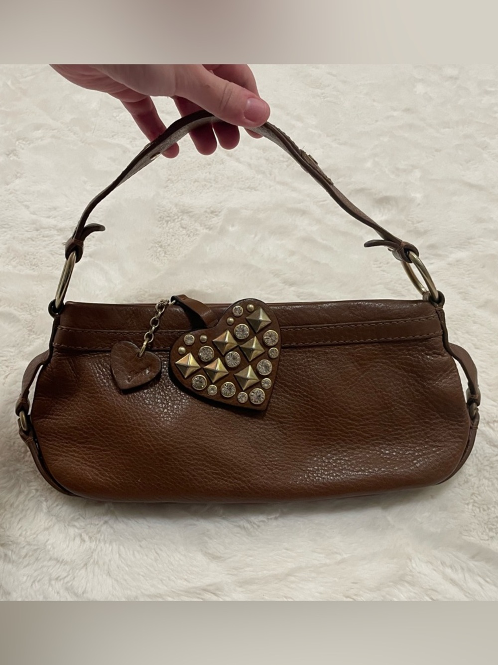 juicy couture vintage y2k brown genuine leather baguette bag with heart charms